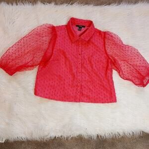 Forever 21 Size Small Bright Pink Sheer Puffy Sleeve Textured Polka Dot Collar
